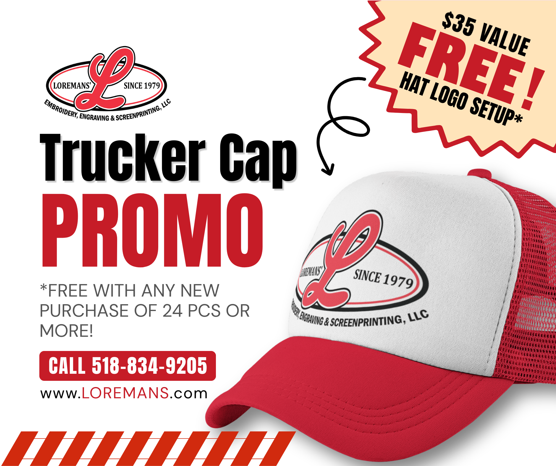 🧢 Trucker Cap Promo – Get a $35 Hat Logo Setup FREE at Loreman’s!